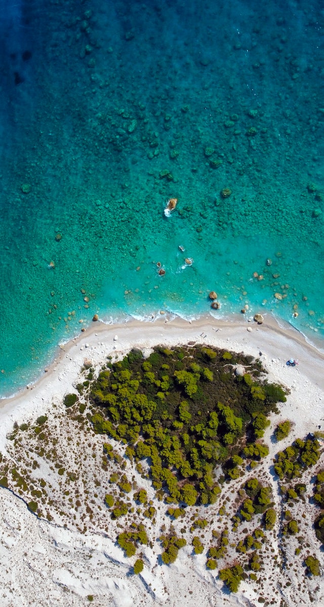 view from above of south albanian coast with deep blue sea