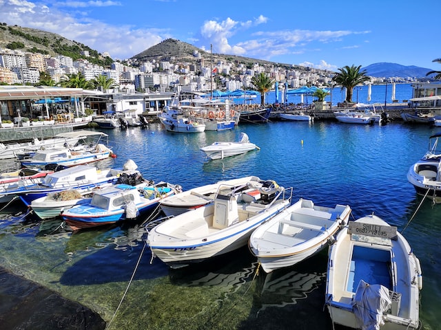 boats parked in saranda city south of albania